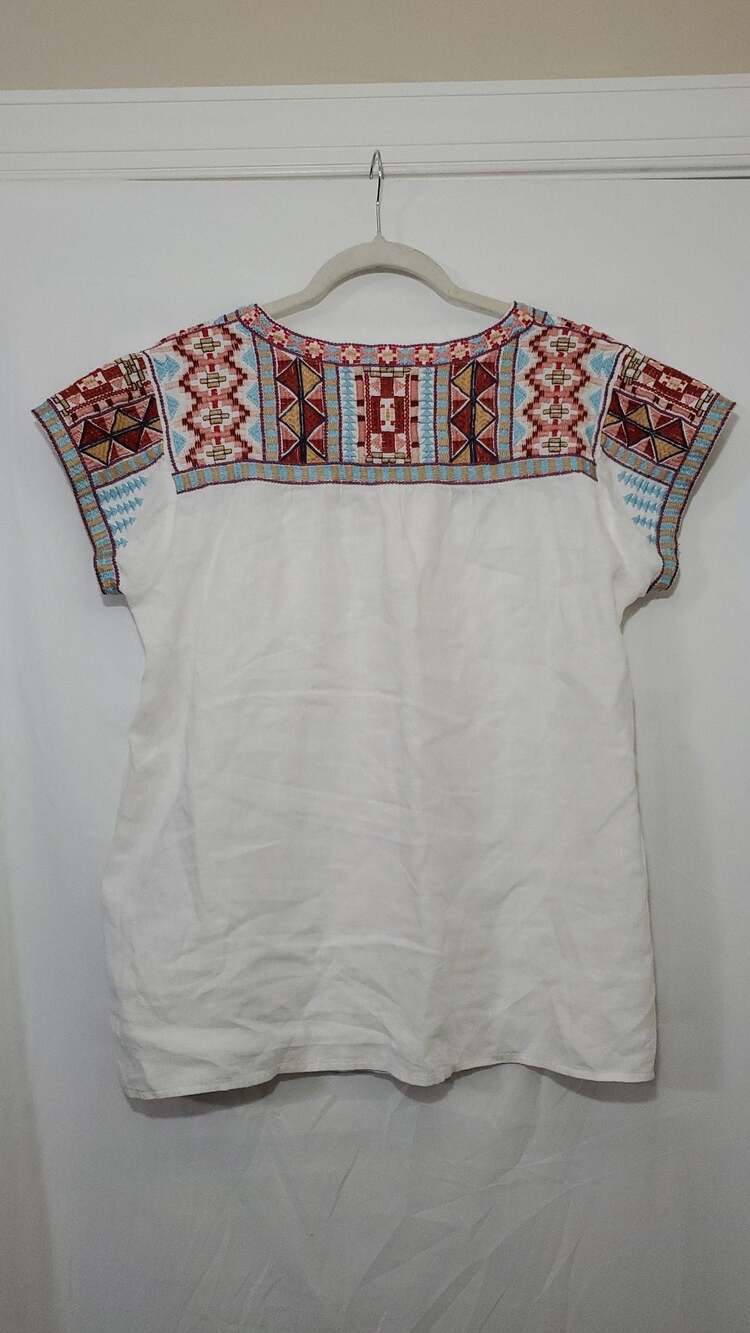 Johnny Was Ezra White Linen Embroidered Geometric Boho Blouse - Picture 4 of 4